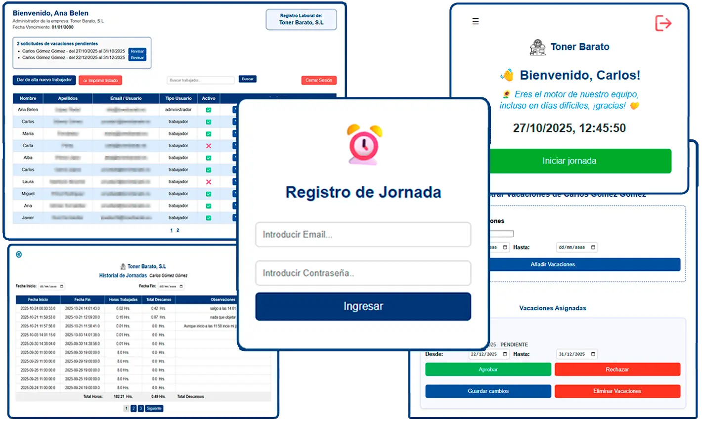 Dashboard de control horario empleados - Software gestión de jornada laboral para empresas españolas